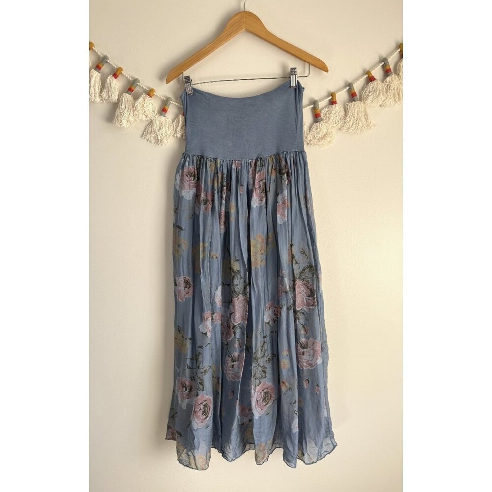Belle France Silk Blend Blue Floral Pull On Flowy Midi Skirt Cottage Prairie S